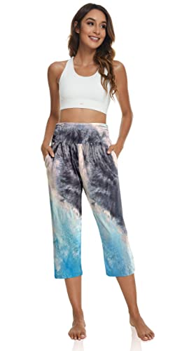 Ueu Women's Plus Size High Waist Capri Casual Summer Loose Yoga Pants Comfy Lounge Sweat Capris Sweatpants Pockets Baggy Pajamas(Tiedyeblue,3Xl) #TOP3