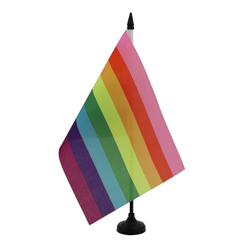 AZ FLAG – Bandera de mesa de arco iris con 8 bandas, 21 x 14 cm, diseño de bandera gay lgbt de oficina, 100% poliéster, con zanja de 25 cm y base de plástico negro