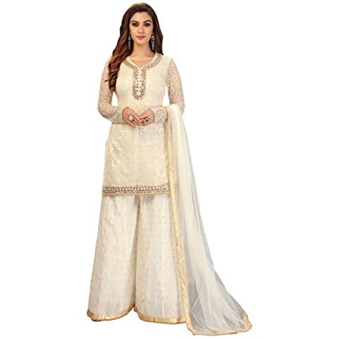 TRENDMALLS Women's Cotton Embroidery Kurta Plazzo Suit Set Stitched (TM.G63-Offwhite-L) Cover