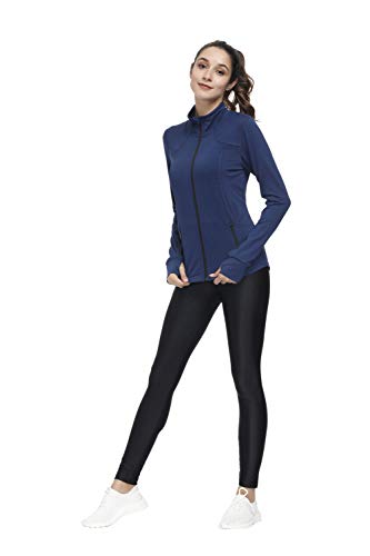 Dolcevida Women’s Lightweight Full Zip Active Wear Workout Yoga Track Jackets Athletic Running Jacket Top with Zip Pockets and Thumb Holes (Navy, M)