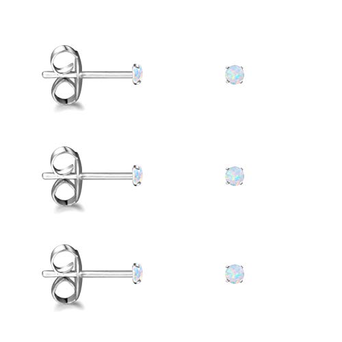 ADAIER Stainless Steel Synthetic Round White Blue Opal Post Stud Earring Pack of 3(SE-28) (White 2,2,2mm)