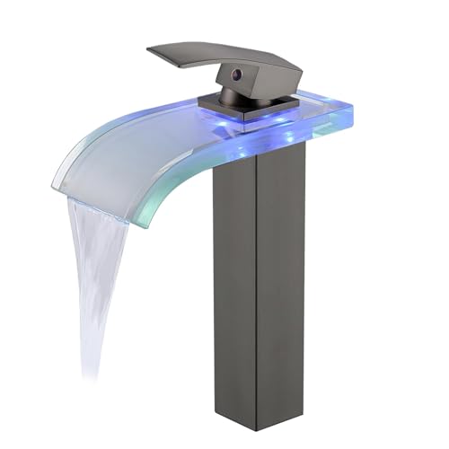 Qeemee Grifo de baño LED, cascada, un solo mango, un agujero, grifo mezclador para lavabo, grifo mezclador de montaje en cubierta (gris)