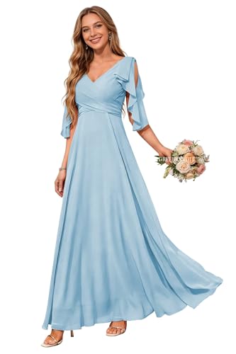 Image of Women Bridesmaid Dresses with Sleeves for Wedding V Neck Chiffon Long A Line Pleated Formal Evening Gown