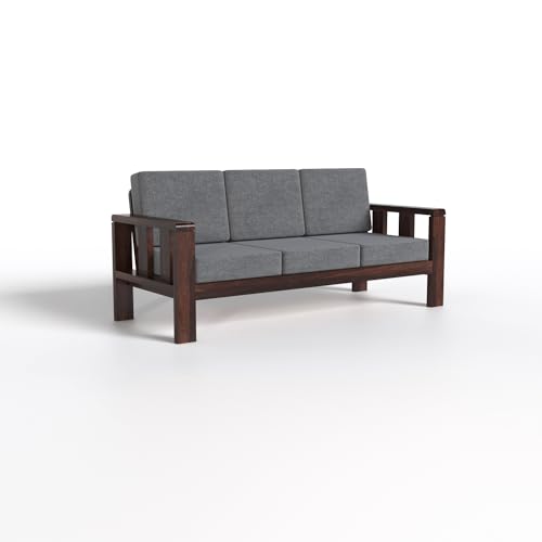 Image of Solid Wooden 3 Seater Sofa for Living Room & Home Furniture | Sheesham Wooden Sofa Set 3 Seater Sofa in Walnut Finish