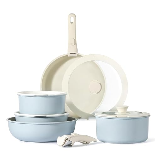 11 Piezas Juego de Utensilios de Cocina Antiadherentes con Mango Desmontable: Ollas y Sartenes Apilables para Inducción, Gas, Horno y Lavavajillas, Libre de PFAS (Rosa)