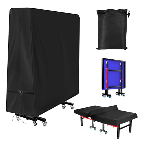Table Tennis Table Cover Waterproof Outdoor & Indoor, 600D Oxford PU Heavy Duty, Fits Folding & Flat 9×5 FT Tables, Universal Fit with 2 Buckle Straps & Drawstring Hem, Dual Zips, Black