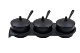 GURUBHAI EQUIPMENTS Black Melamine Condiment Set – 3 Jar Spice & Pickle Container with Lids and Spoons | Masala, Chutney & Sauce Serving Bowls for Dining Table, Home, Hotel & Restaurant Use