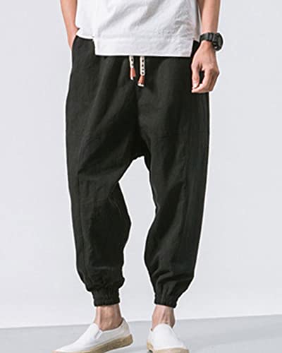 LifeHe Men's Hip Hop Harem Pants Joggers Linen Drawstring Elastic Waist Baggy Drop Crotch Sweatpants Trousers3