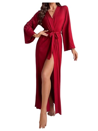 OYOANGLE Womens Long Robes Kimono Elegant Lightweight Knit V Neck Bathrobe Soft Sleepwear Casual Bath Robe Red Small