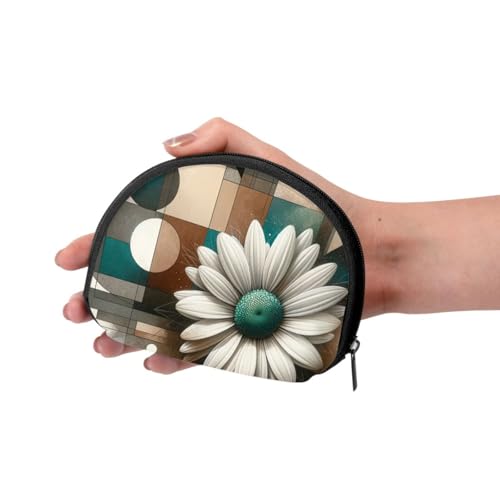 Portable Coin Purse Geometric-White-Daisy Mini Zippered Money Pouch Card Holder3