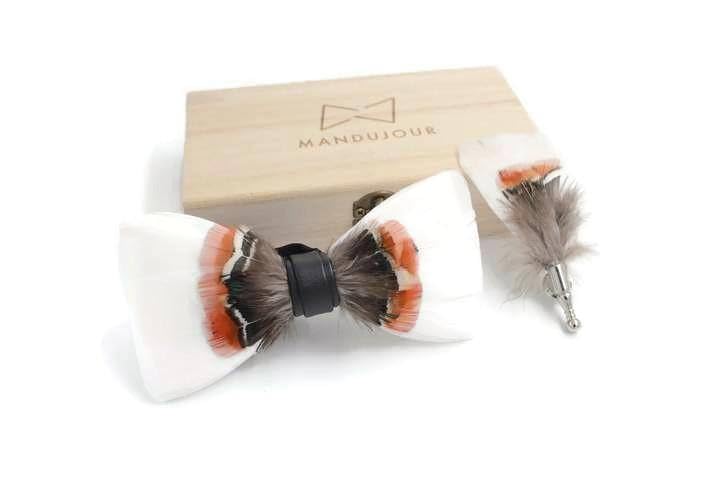 Elegant White & Orange Pheasant Feather Bow Tie - Handmade Wedding Accessory for Groom & Groomsmen