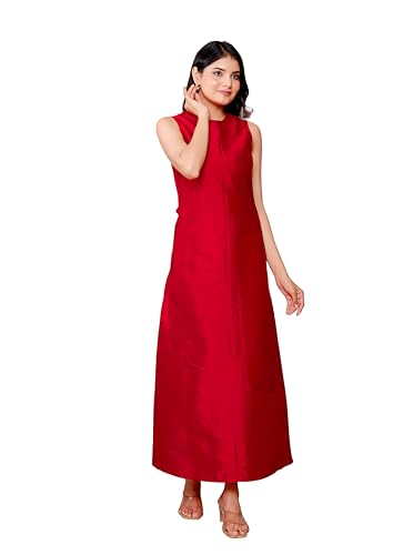 Robe longue rouge sans manches de cocktail trapèze en taffetas dos nu