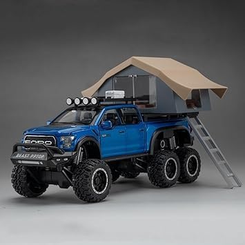 Image of Ford Raptor F150 Camping RV Model Car with Box, Zinc Alloy Pull Back Toy car with Sound and Light for Kids Boy Girl Gift [Colors as Per Stock] (Ford Raptor F150 Camping RV)