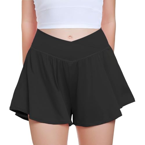 Girls Butterfly Shorts High Elastic Waist Crossover Athletic Shorts 2 in 1 Flowy Running Skorts with Pockets for Teens