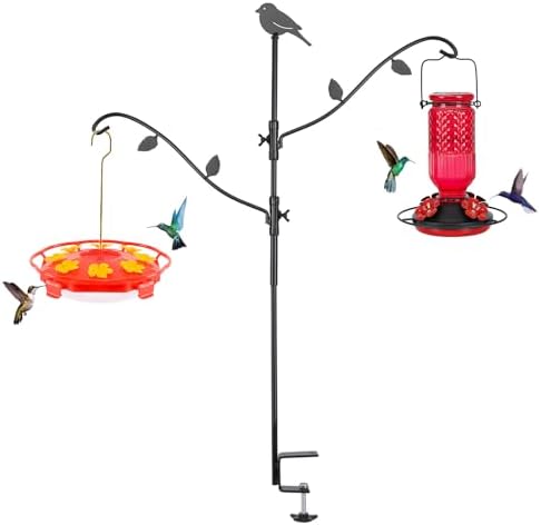 bird feeder stand for deck that will transform your outdoor space 4 FEED GARDEN Deck Bird Feeder Pole, 42 Inches, Multiple Hooks, Adjustable, Detachable, Heavy Duty Steel, Stable, Black, BirdFeeders Porch for Deck Kit for Outside Bird Feeders and Plant Hangers