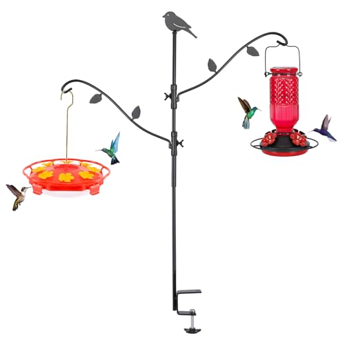 FEED GARDEN Deck Bird Feeder Pole, 42 Inches, Multiple Hooks, Adjustable, Detachable, Heavy Duty Steel, Stable, Black, BirdFeeders Porch for Deck Kit for Outside Bird Feeders and Plant Hangers