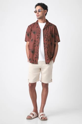 Image of Peter England Men's Cotton Blend Classic Fit Floral Print Casual Shirt | Cuban Collar, Half Sleeves | Casual Wear