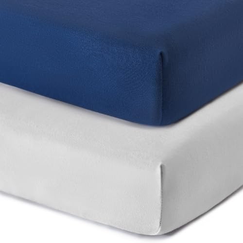 Image of TILLYOU Mini Crib Fitted Sheets 2 Pack - Soft Jersey Knit Microfiber Playpen Bedding Sheet for Baby, Portable Mini Pack n Play Sheet, Machine Washable, 38'' x 24'',Light Gray & Navy Blue