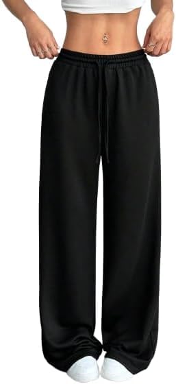 Women’s Solid Wide Leg Track Pants with Elastic Waist & Drawstring, Casual Lounge & Sportswear Trousers-picture-44