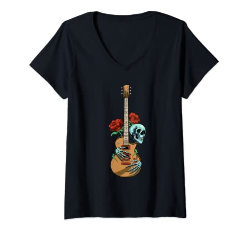 Womens Electric Guitar Skull Red Roses - E-Guitar Rock Guitarist V-Neck T-Shirt