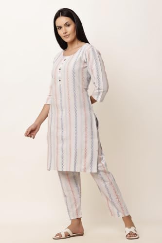 Image of Women Cotton Blend Kurti Pant Set for Women Ethnic Printed Straight Kurta with Pants Co Ord Set Casual Office Wear Traditional Kurta Set Blue 3 /4 Sleeve Round Neck