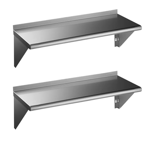 Image of ROCKPOINT Stainless Steel Shelf 14 x 36 Inches 330lb, 2 Pack NSF Metal Commercial Shelves Wall Mount Floating Shelving with Backsplash for Restaurant, Kitchen, Home and Hotel, Silver