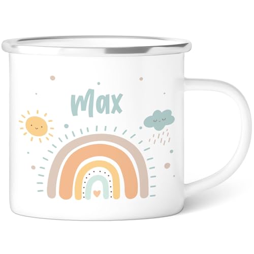 GRAVURZEILE Taza esmaltada para niños, diseño infantil, personalizable, 8 diseños diferentes, 300 ml, regalo para niños y niñas, color azul pastel