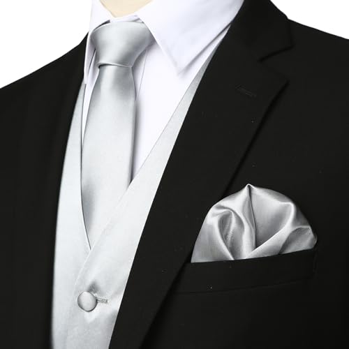 ZEROYAA Men's Solid 4pc Shiny Satin Vest Necktie Bowtie Pocket Square Set for Suit or Tuxedo2