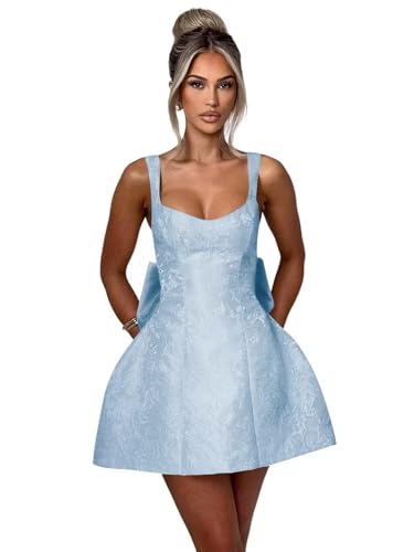 Image of Short Tight Homecoming Dresses for Teens V Neck Sky Blue Satin A Line Sleeveless Lace Up Mini Juniors Cocktail Party Prom Gowns with Bow 2025 US4