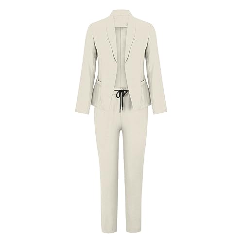Blazer Sets Women 2 Piece Outfits Business Casual Outfits 2024 Dressy Casual Pant Suits Plus Size Wide Pants (Beige, XXL)4