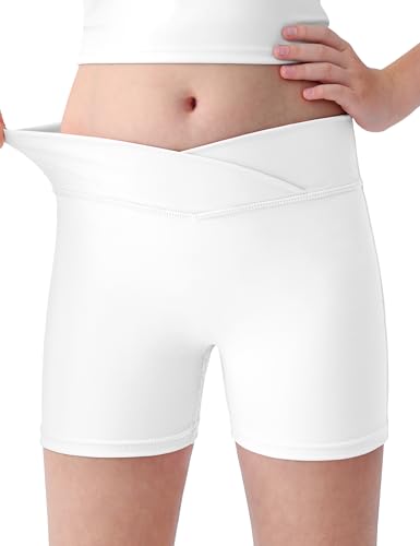 Girls Athletic Shorts Elastic V-Cross Waist Comfortable Workout Shorts for Teen Kids Biker Volleyball Gymnastics Dance Yoga Ballet Size 9-10 Years White
