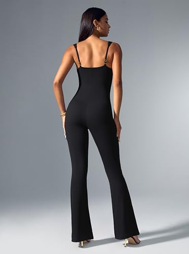 Vilanva VIL813-BLACK-M Jumpsuits For Women Tummy Control Black One Piece Outfit Stretch Flare Leggings Romper M thumb #2