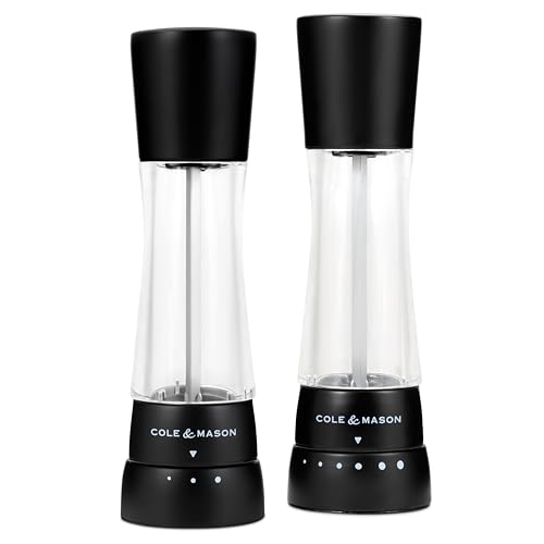Cole & Mason Derwent Salt and Pepper Mills, Adjustable Grind Settings, Gourmet Precision+, Matt Black/Acrylic, 190 mm, Gift Set, Includes 2 x Salt and Pepper Grinders