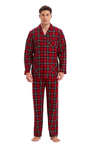 GLOBAL Pijamas para Hombre Franela Cómodo Ropa de Dormir Largo Suave Conjunto de Algodón Hombre Pijamas Manga Larga Botones y Pantalones Cintura Elástica Cordón Rojo/Negro/Blanco, Cuadros L