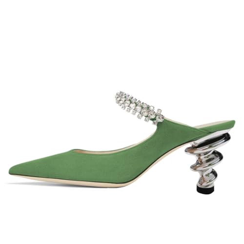 YDN Women Trendy Metallic Spiral Heels Slip On Sandals Rhinestone Strap Pumps Pointed Toe Mules Party Shoes 4-15 US3