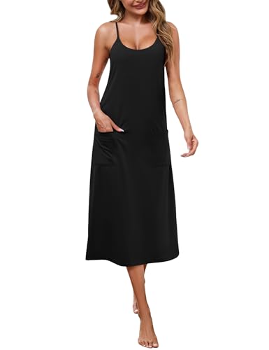 Marvmys Long Cotton Racerback Nightgowns for Women Sleeveless Sleepwear Scoop Neck Chemise Sleep Dress with Pockets