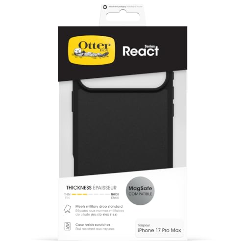 Image of OtterBox React Series MagSafe Case for iPhone 17 Pro Max, Shockproof, Drop Proof, Ultra-Slim, Protective Thin Case, Tested to Military Standard, Black