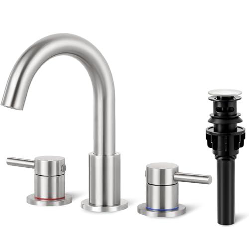 IUERASD Bathroom Faucet 3 Hole, Brushed Nickel Bathroom Sink Faucet with Pop Up Drain, 8 inch Widespread Bathroom Faucet with 360° Swivel Spout, 2 Handle Vanity Faucet with Water Supply Hoses