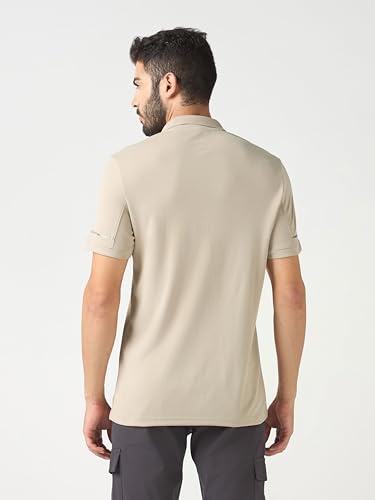 Image of TECHNOSPORT Men's Solid Slim Fit Polo Collar T-Shirt TECHNOCOOL+ Half Sleeve Button Polyester for Gym Running Workout UPF50+ Anti Odour