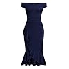 Knitee Women's Off Shoulder V-Neck Ruffle Pleat Waist Bodycon Evening Cocktail Slit Formal Dress (Navy Blue, Large)