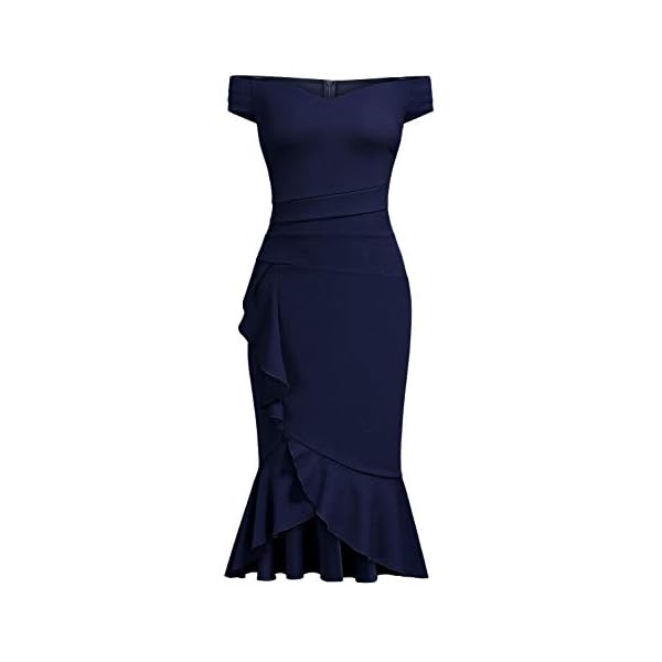 Knitee Women's Off Shoulder V-Neck Ruffle Pleat Waist Bodycon Evening Cocktail Slit Formal Dress (Navy Blue, Large)