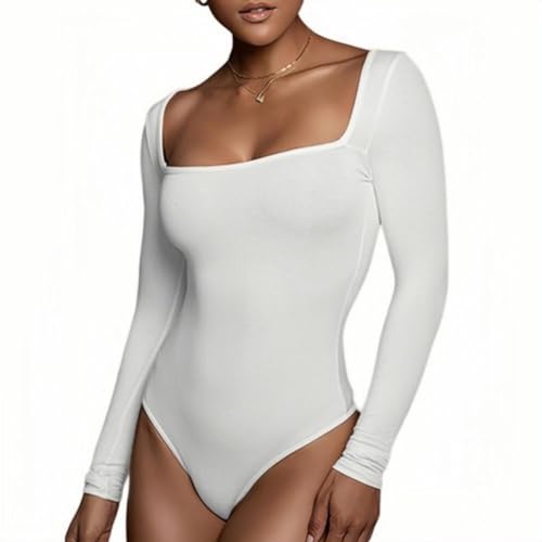 Rongseng Body Mujer Manga Larga Cuello Cuadrado Bodysuit Tops Sexy Slim Fit Bodies Vestir Básico Leotardo Top Suave Cálida Camisas Lencería Elástico Shapewear Elegante Color Sólido Jumpsuit