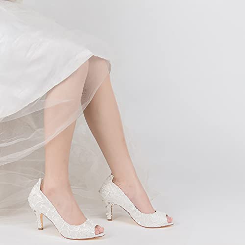 JIAJIA A31B64 Women's Bridal Shoes Peep Toe 3.14" Stiletto Heel Lace Satin Pumps Rhinestone Wedding Shoes3