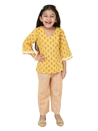 Image of The Magic Wand Cotton Night Suit for Girls 3 /4 Sleeves Baby Kids Flora Print Top & Pant Set Sleepwear Night Dress co ord Set, Nightwear Girls Pyjama Set