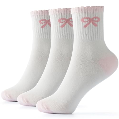 GOEWY Cotton Socks for Women Ankle Crew Socks Valentines Day Gifts Warm Cozy Bow Socks Soft Cream 3 Pack