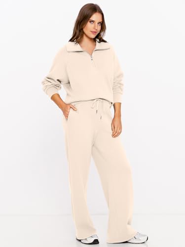 Glamaker Women 2 Piece Sets Fleece Lounge Travel Workout Outfits Airport Half Zip Sweatsuit Wide Leg Air Essentials Tracksuit (Apricot,Large) - Thumbnail 2