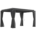 Outsunny 10' x 13' Louvered Pergola Hardtop Gazebo with Adjustable Aluminum Roof and Frame, Outdoor Pergola with Curtains and Netting, for Garden, Lawn, Backyard, and Deck, Dark Gray