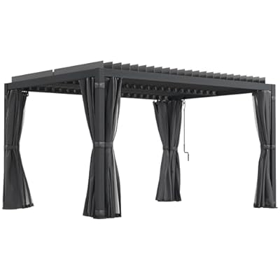 Outsunny 10' x 13' Louvered Pergola Hardtop Gazebo with Adjustable Aluminum Roof and Frame, Outdoor Pergola with Curtains and Netting, for Garden, Lawn, Backyard, and Deck, Dark Gray