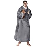 Hansleep Hoodie Decke Pullover Damen XXL, Kuschel Pullover Damen, Flauschig Oversize Blanket Hoodie Decke mit Ärmel, Warm Hoodie Sweatshirt Decke, Grau, 85x148 cm