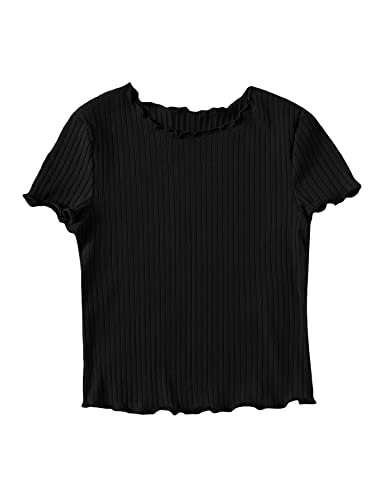 Image of SHENHE Girl's Short Sleeve Ribbed Knit Lettuce Trim Crewneck T Shirt Tee Tops